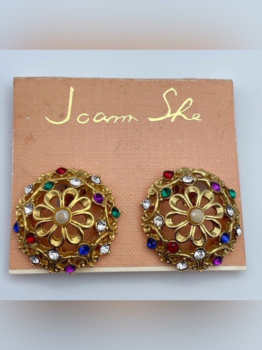 Joan Sky Vintage Gold Filigree Multicolor Rhinestone Clip-On Earrings